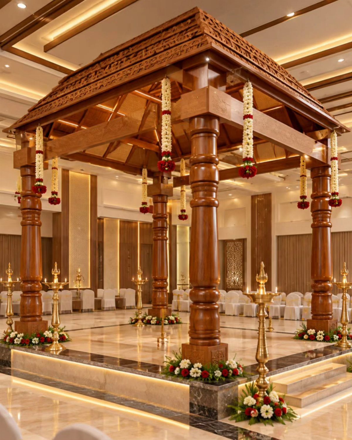 Ornate wooden wedding pavilion decorated with hanging flower garlands and golden lamps on a marble platform.