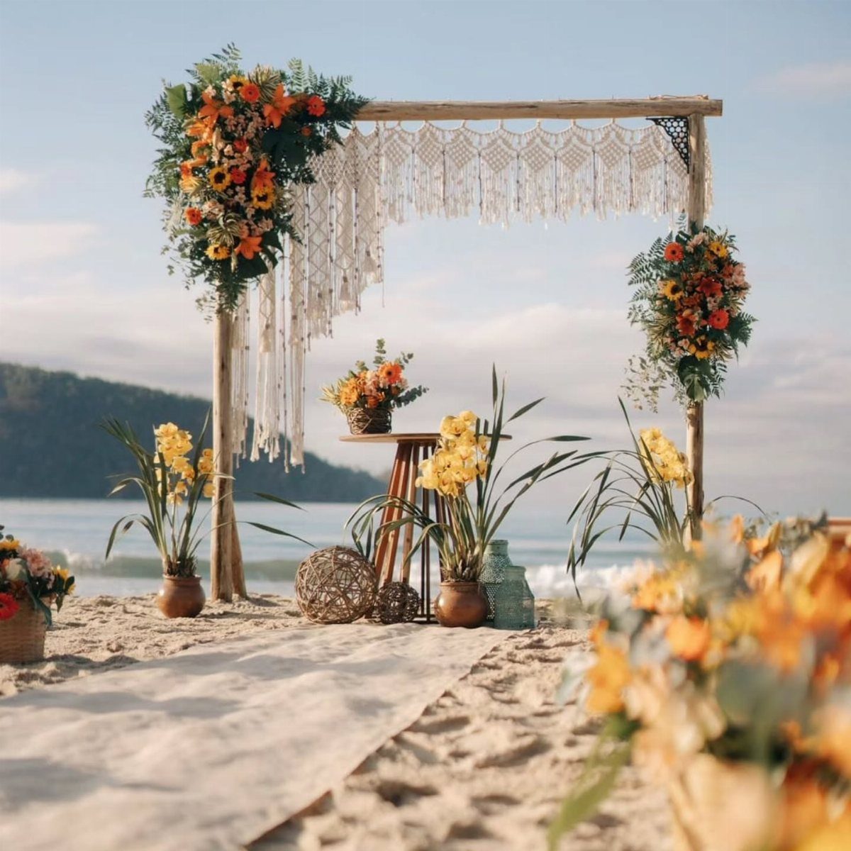 Wooden wedding arch with white macrame and orange flowers on a beach.
