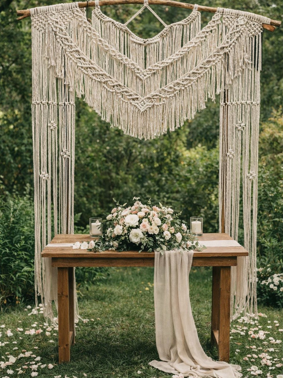 Cream macrame hanging with intricate knots suspended from a wooden branch above a floral table setup.