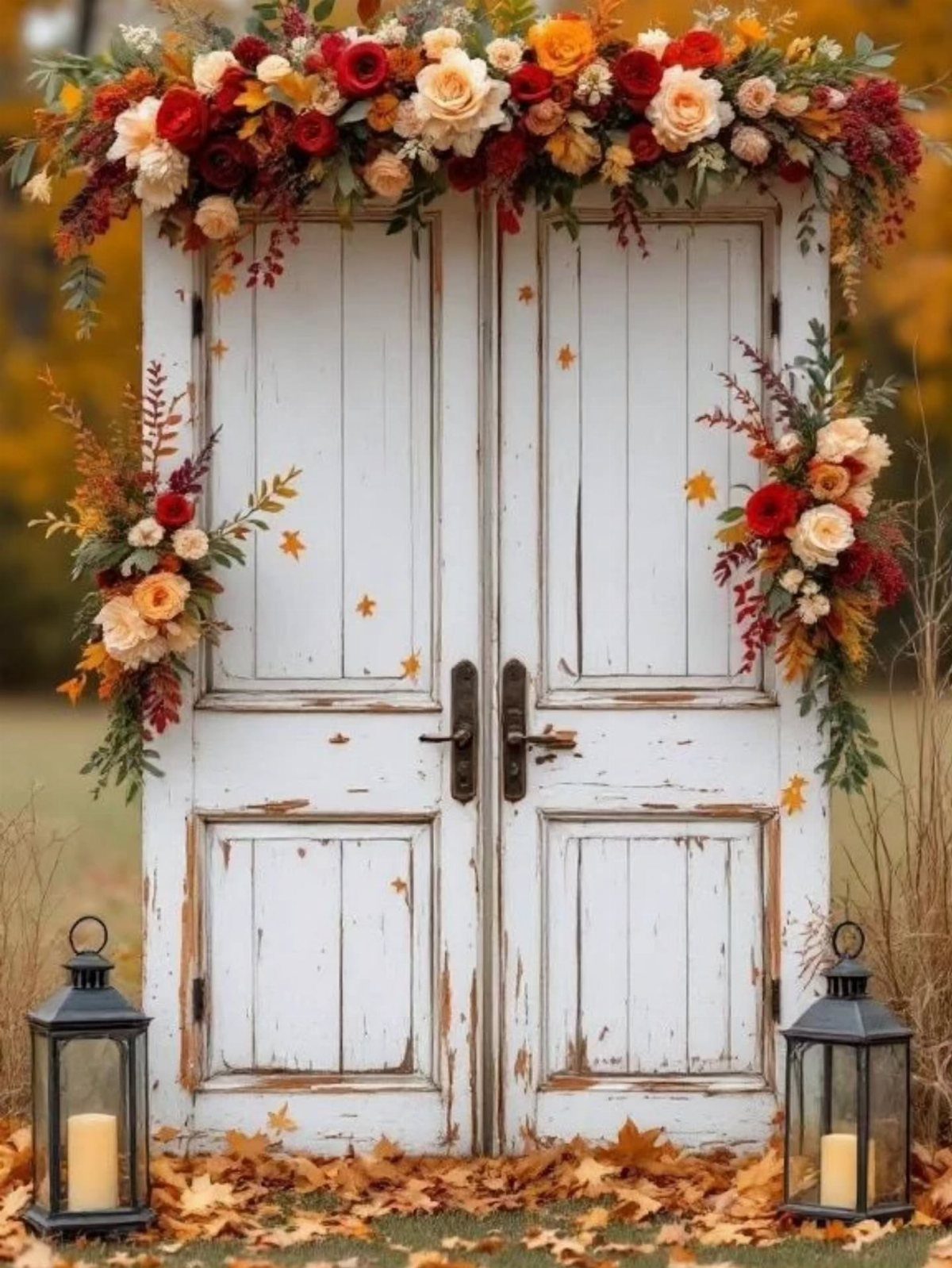 White vintage doors decorated with autumn floral arrangements and lanterns on fallen leaves.