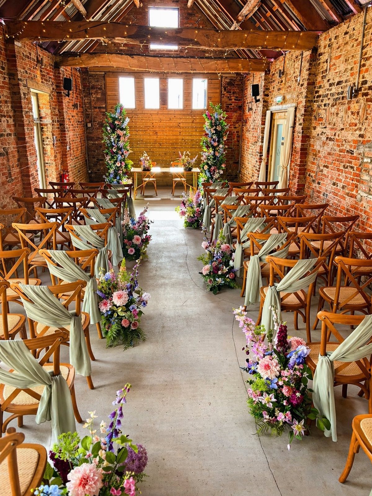 Wildflower arrangements and sage green fabric decorate the aisle of a rustic brick barn wedding venue.