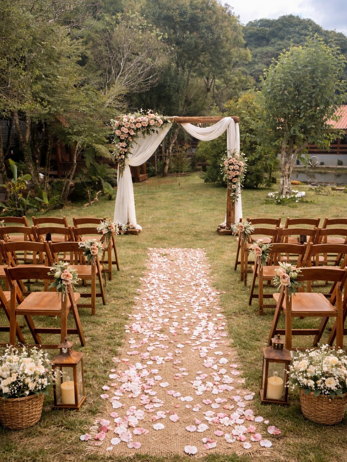 Wooden wedding arch with white fabric and pink flowers overlooking a petal-strewn aisle.