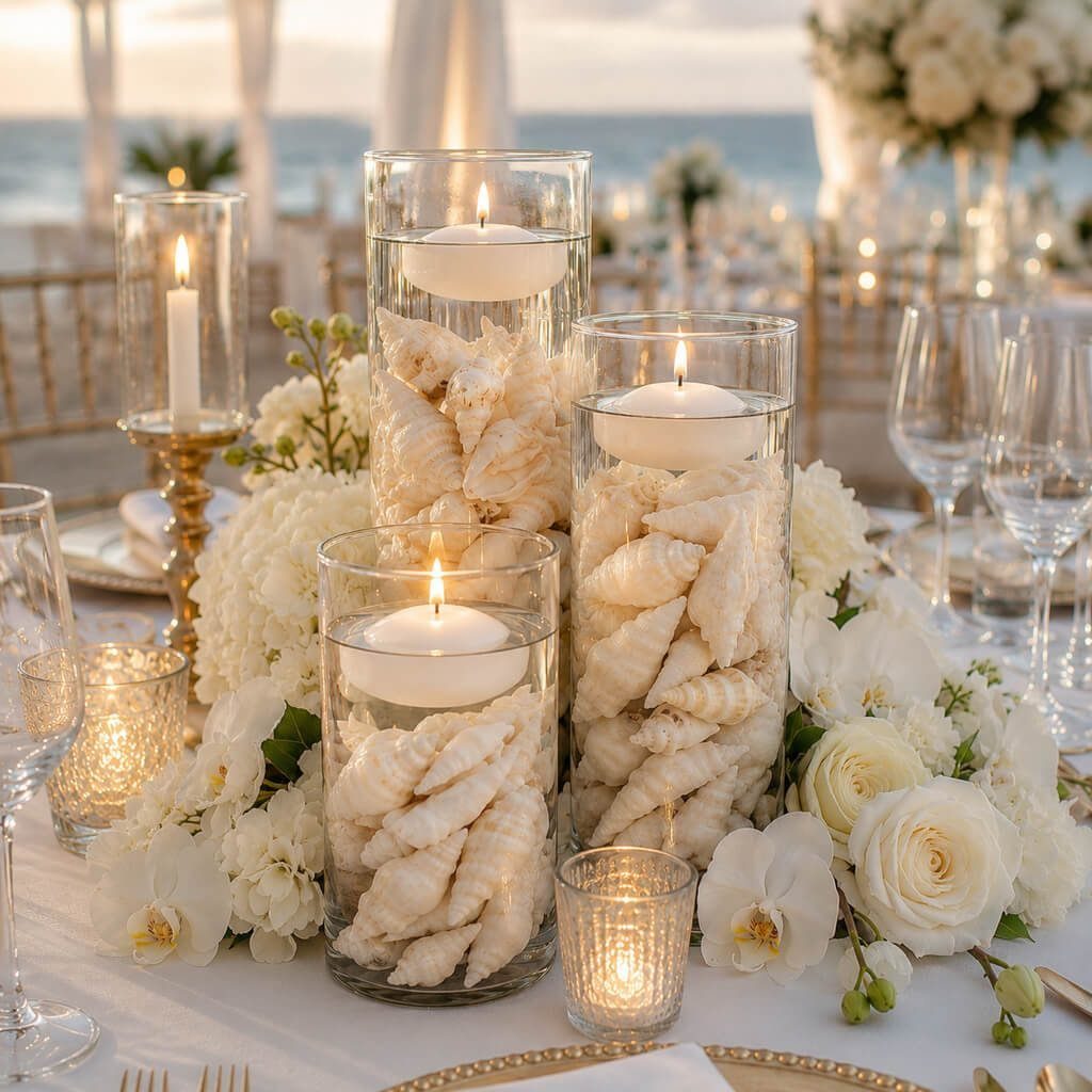 Floating white candles in glass cylinders filled with seashells and surrounded by white flowers.