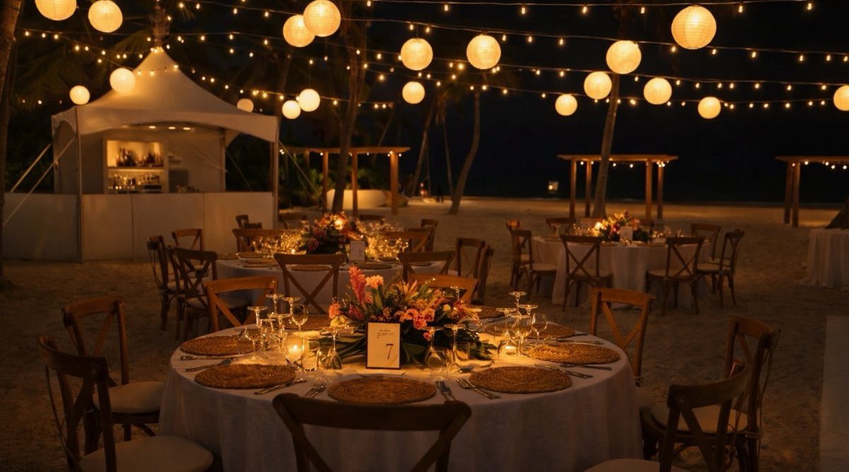 Round dining tables with floral centerpieces set on a beach under hanging paper lanterns.