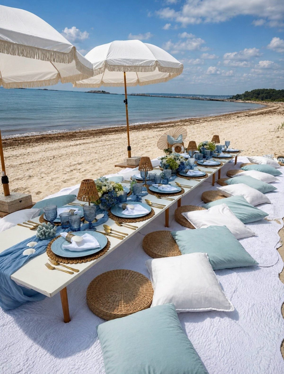 Low dining table with blue decor and pillows set on a sandy beach under white umbrellas.
