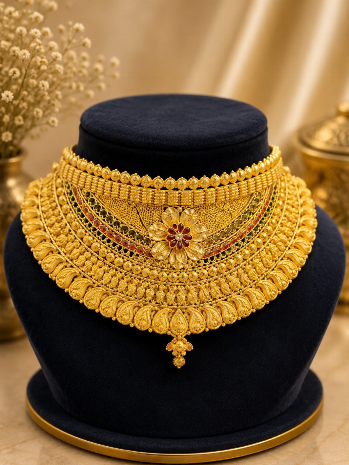 Ornate gold choker necklace with red gemstones displayed on a dark blue velvet jewelry bust.