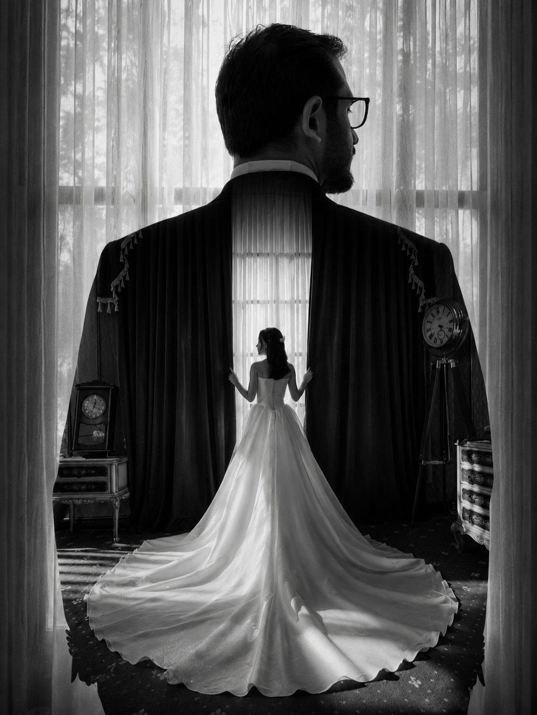 Double exposure of a man's silhouette containing a bride in a white gown standing by a window.