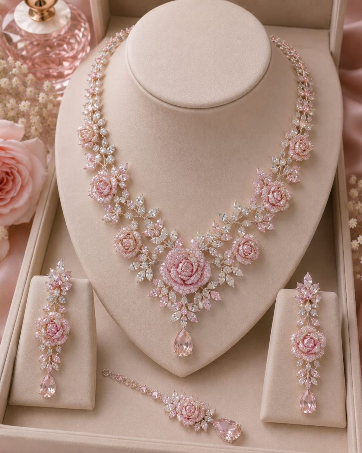Crystal Jewelry Sets for 6 Style Moods 1 Pink crystal jewelry set with rose designs displayed on a cream jewelry stand.