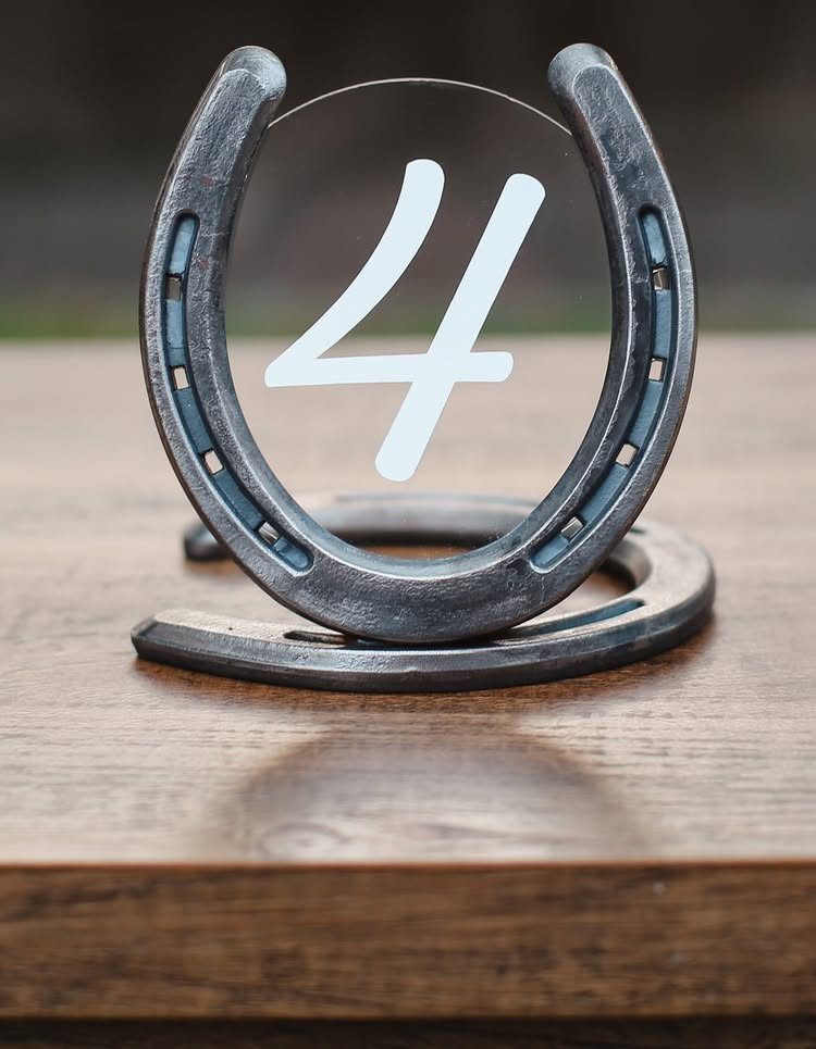7 Cute Wedding Ideas for Guests, Photos and Reception Fun 5 A metal horseshoe standing upright on a wooden table, displaying a white number four inside.
