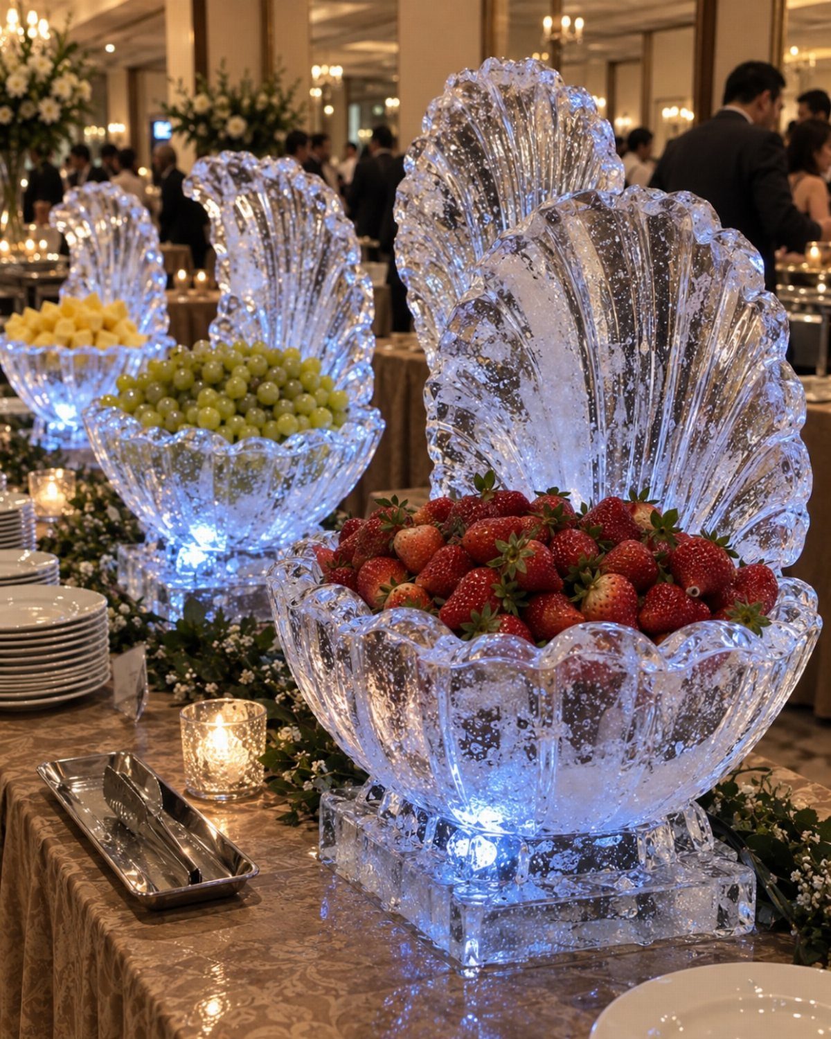 7 Cute Wedding Ideas for Guests, Photos and Reception Fun 6 Large ice sculptures shaped like scallop shells filled with fresh strawberries, grapes, and melon on a table.