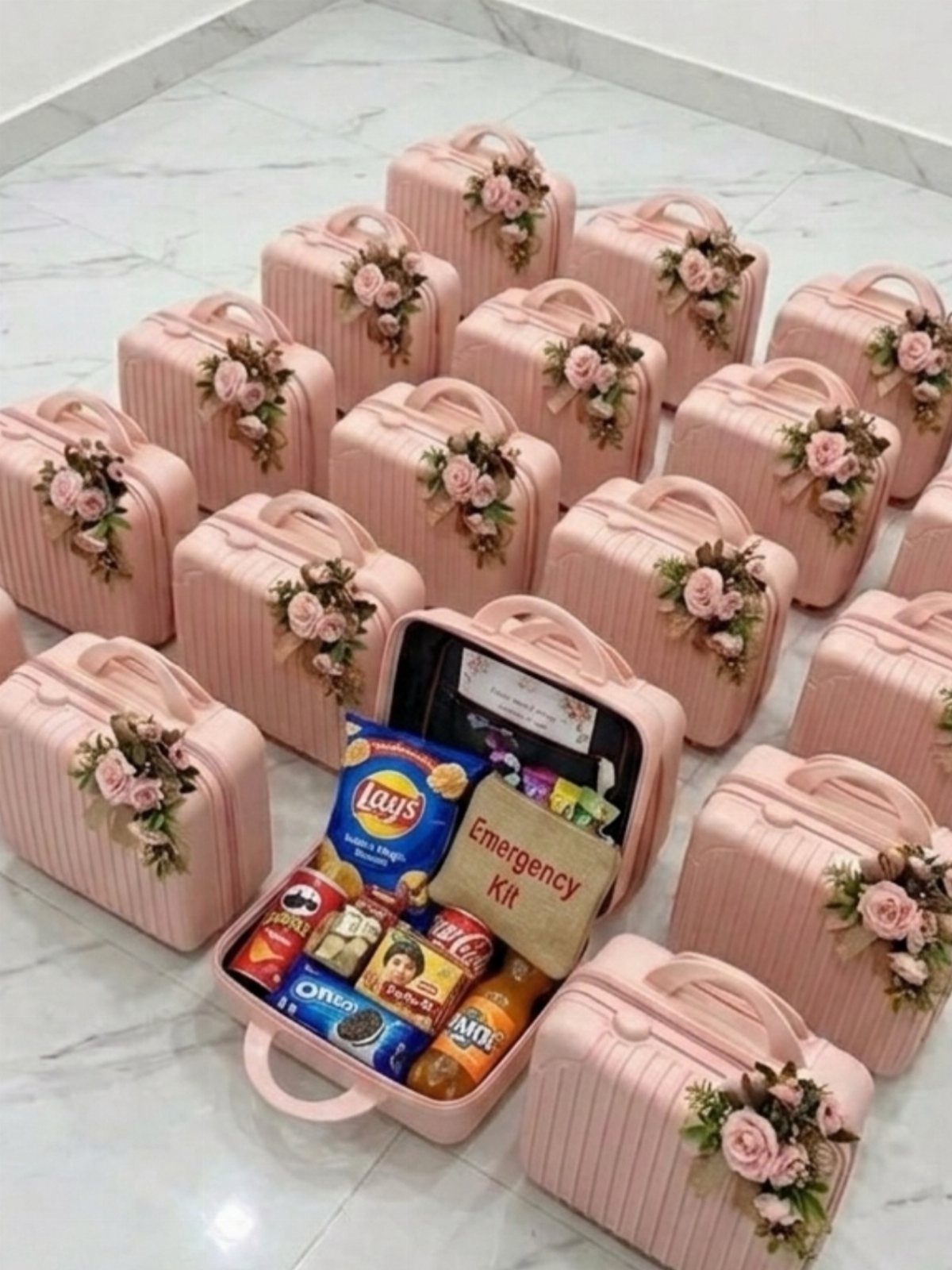 7 Cute Wedding Ideas for Guests, Photos and Reception Fun 4 Pink miniature suitcases filled with snacks and an emergency kit arranged on a white floor.