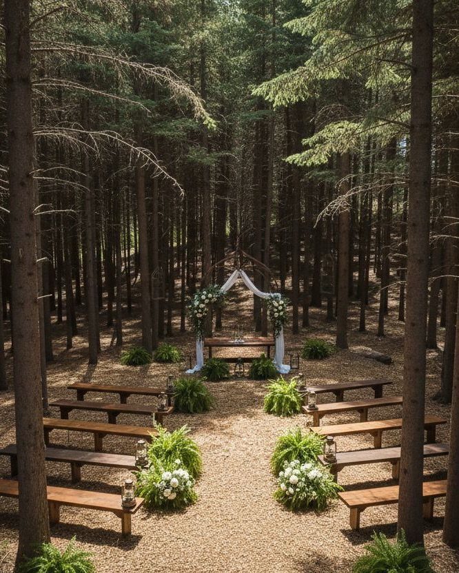 Wooden benches arranged in rows on a gravel path within a tall pine forest for a wedding.