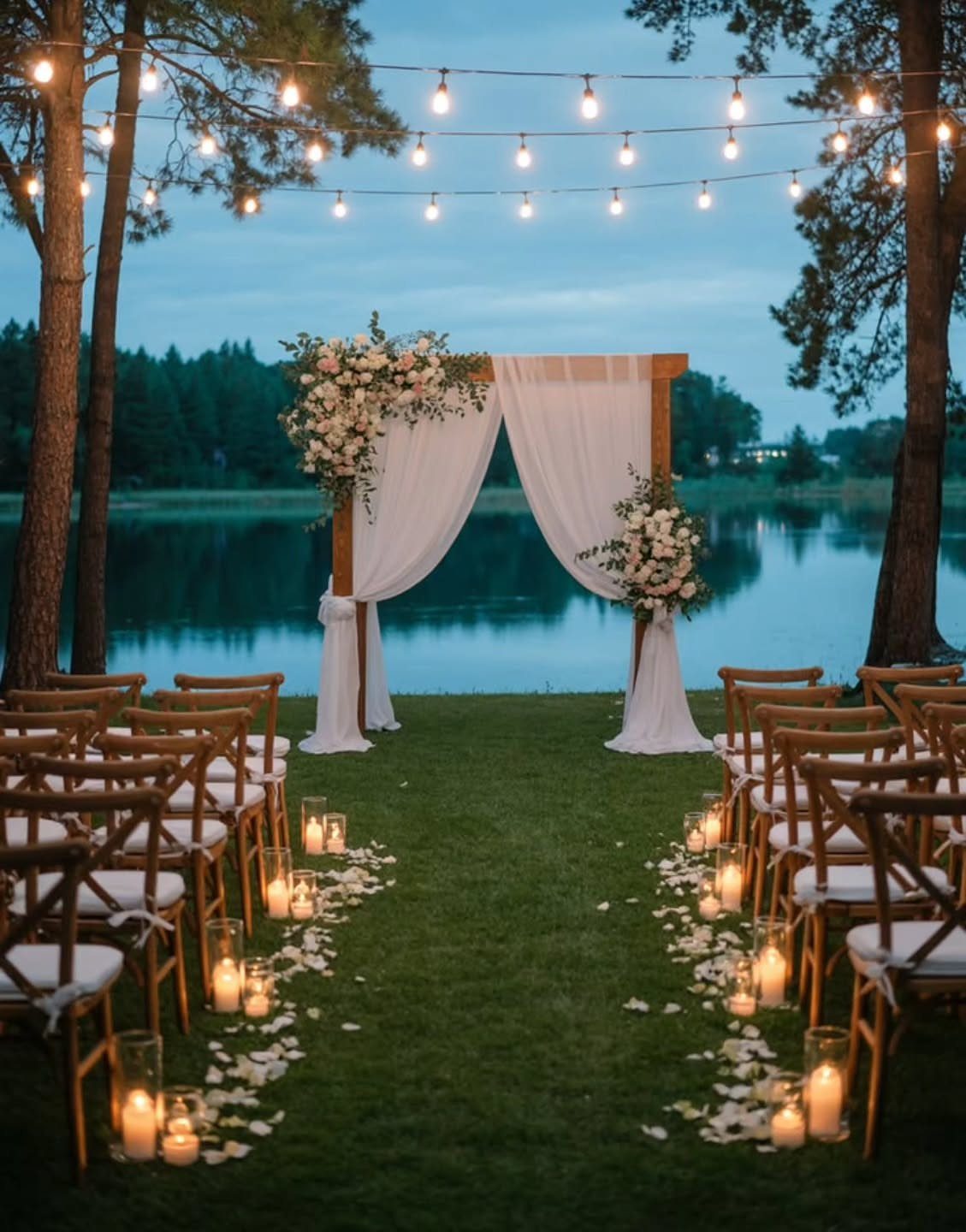 11 Forest Theme Wedding Ideas for a Natural Woodland Ceremony 10 Wedding ceremony aisle with white petals and candles leading to a floral wooden arch by a lake.