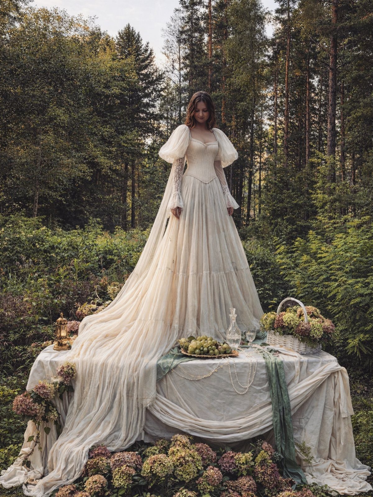 11 Forest Theme Wedding Ideas for a Natural Woodland Ceremony 6 Woman in a cream tulle gown standing on a floral draped platform in a forest.