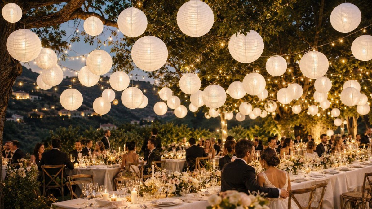 11 Forest Theme Wedding Ideas for a Natural Woodland Ceremony 9 White paper lanterns hanging from trees over guests seated at long wedding reception tables.