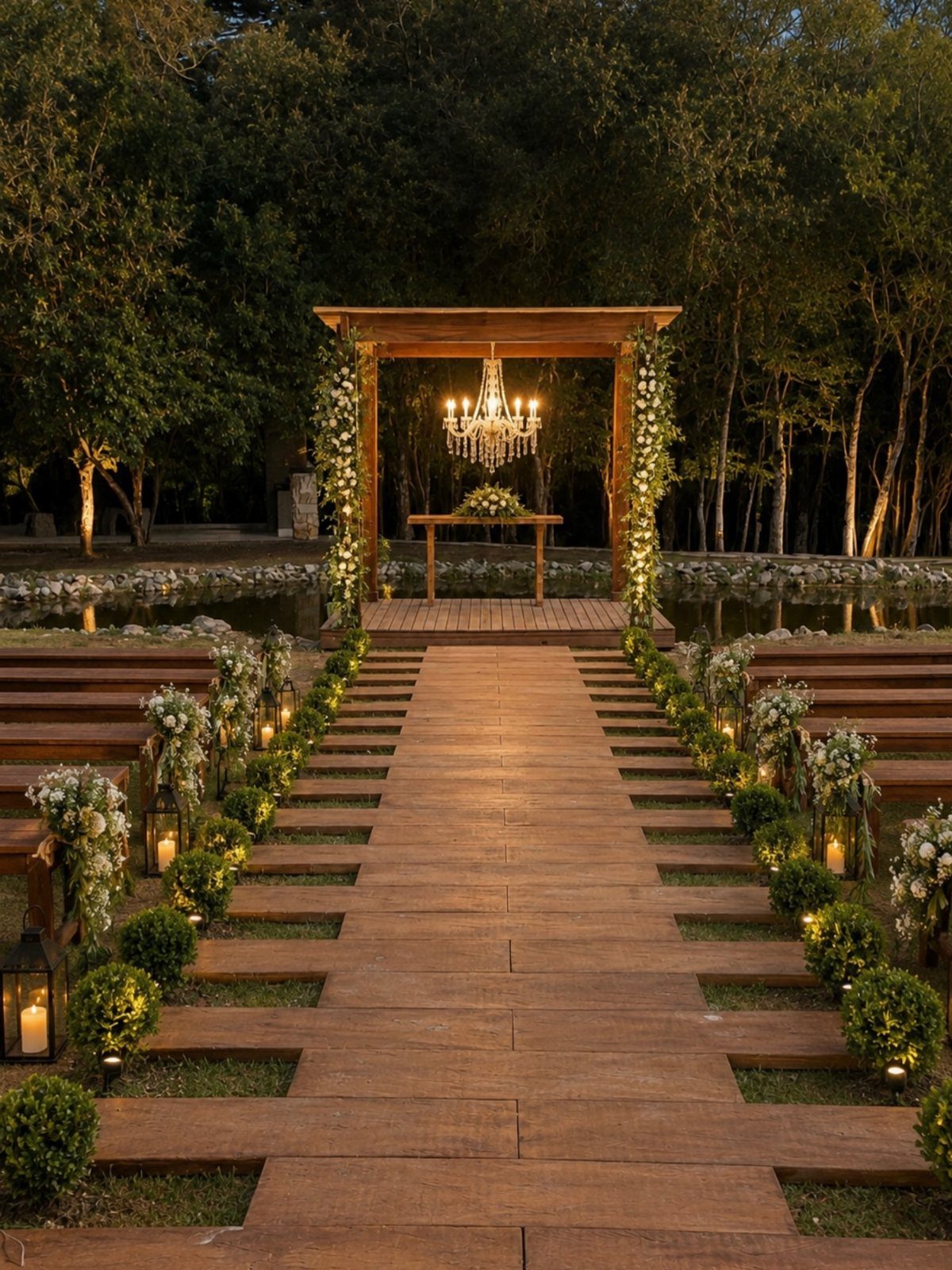 11 Forest Theme Wedding Ideas for a Natural Woodland Ceremony 3 A wooden wedding arch with white flowers and a chandelier overlooking a forest pond.