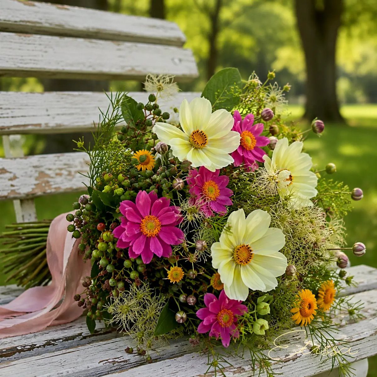 A colorful bouquet of white, pink, and orange flowers with green foliage on a white wooden bench.