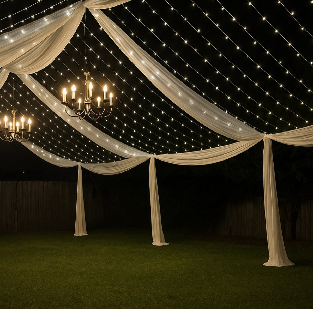 Garden Wedding Ceremony: 9 Ideas for Intimate Outdoor Vows 8 White fabric drapes and warm string lights create a canopy over a dark garden lawn.