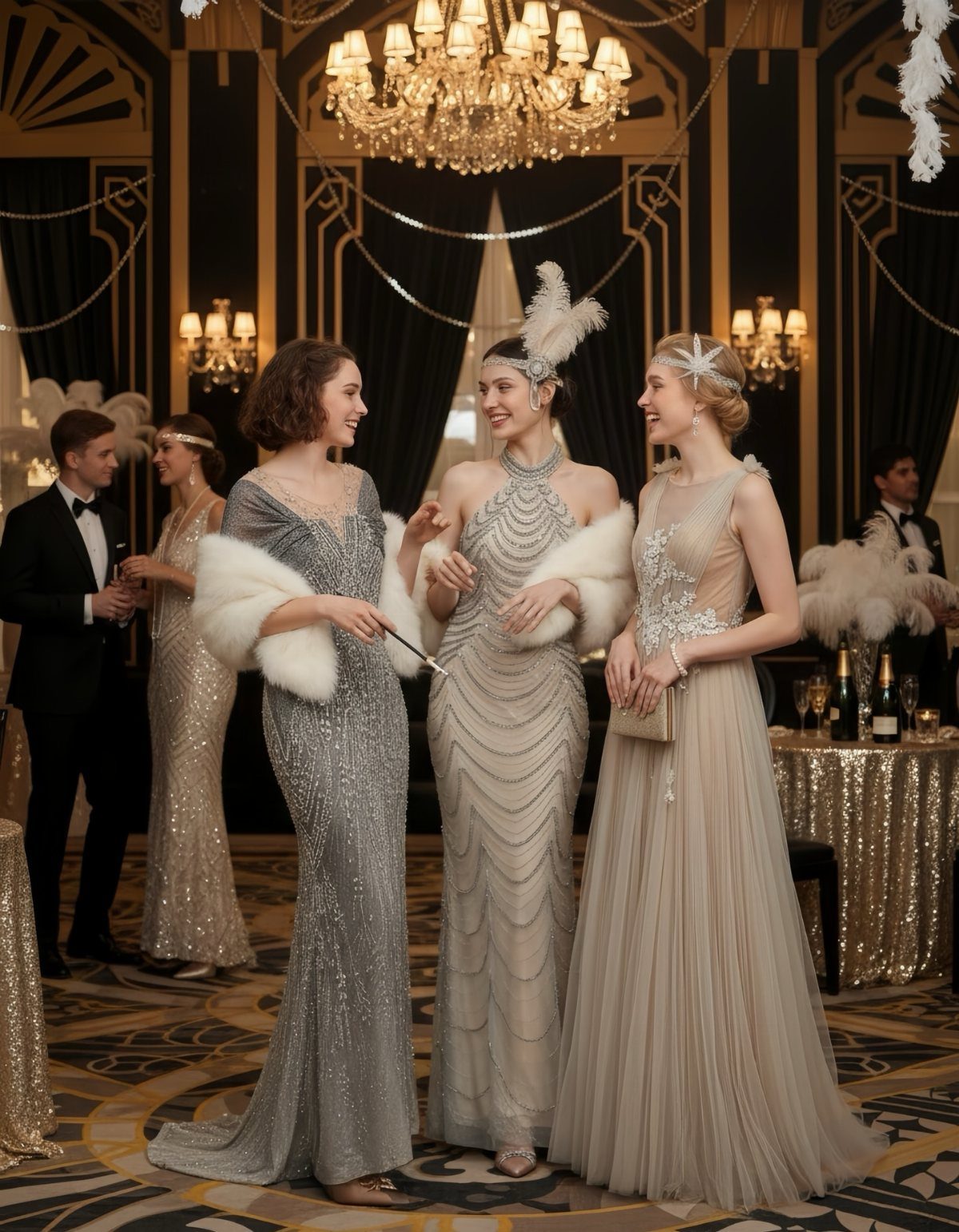 Glam Wedding Dress: 5 Looks for 2026 3 Women in shimmering, vintage-style evening gowns posing in a grand ballroom with chandeliers.