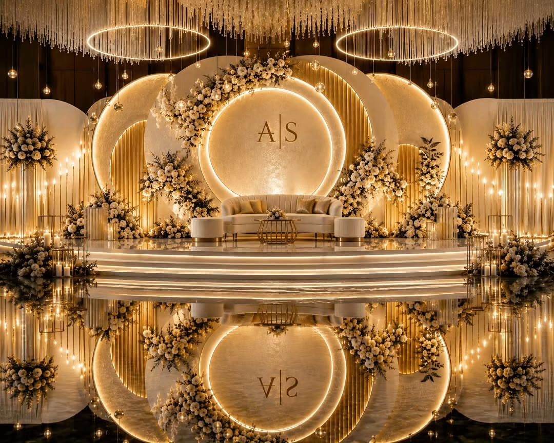 Gold and Champagne Wedding: 7 Ideas for a Warm, Metallic Celebration 7 Elegant gold wedding stage featuring circular backdrops, white flowers, and a central white sofa with reflections.