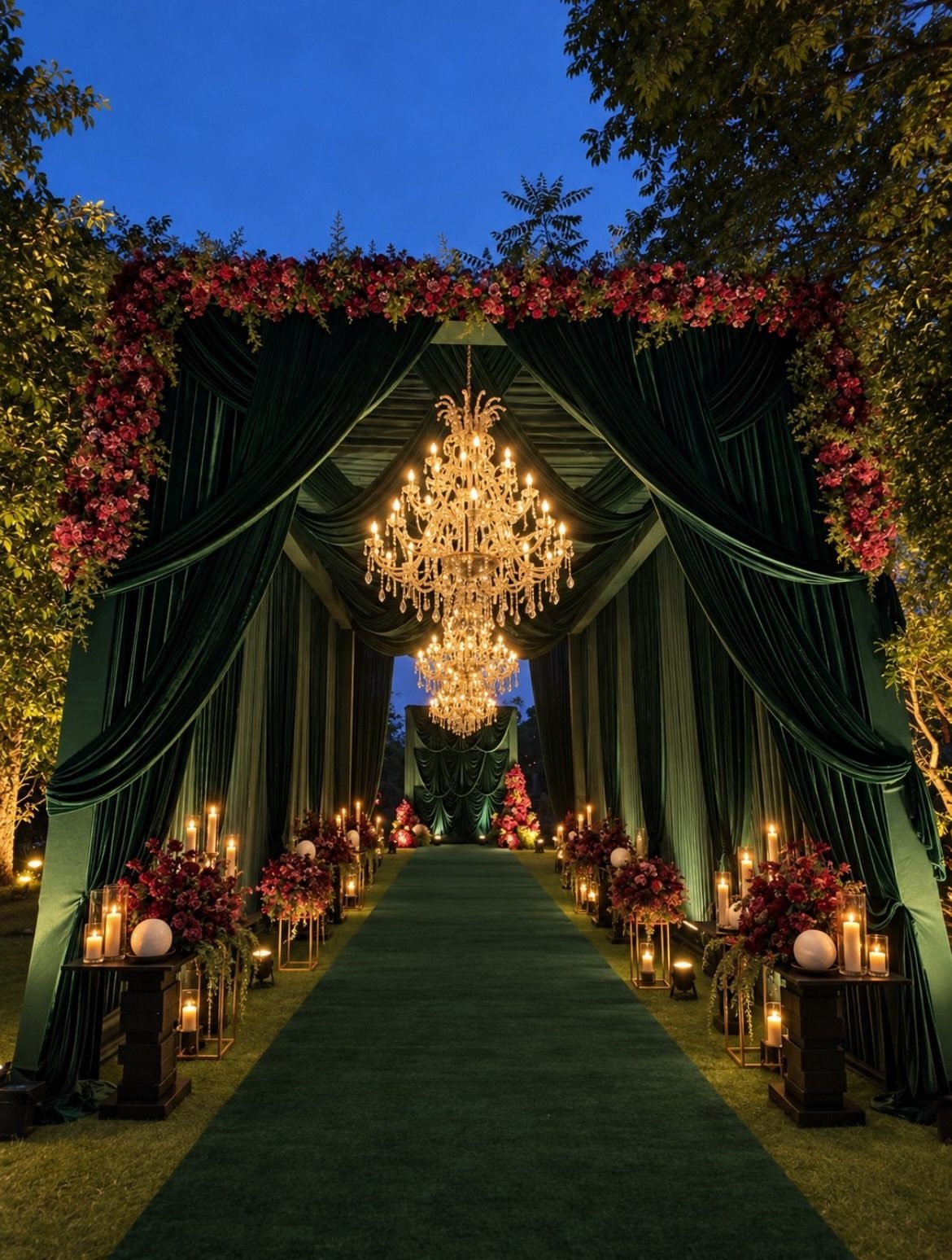 Green Wedding Colors: 8 Palettes From Olive to Emerald 2 A dark green velvet wedding canopy with a crystal chandelier and floral decorations over a green aisle.