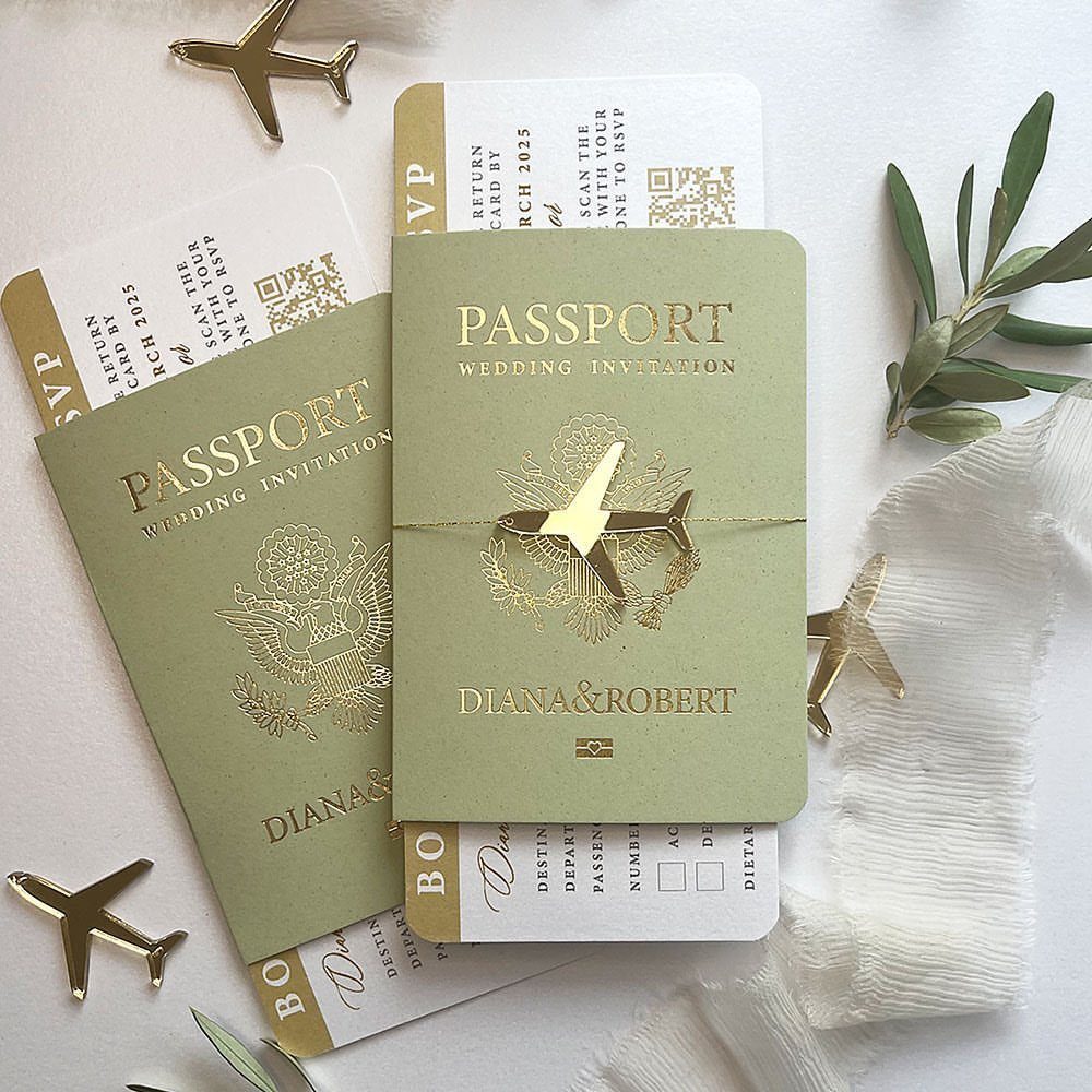 Green Wedding Colors: 8 Palettes From Olive to Emerald 8 Sage green passport wedding invitations decorated with gold foil airplanes and olive branches.