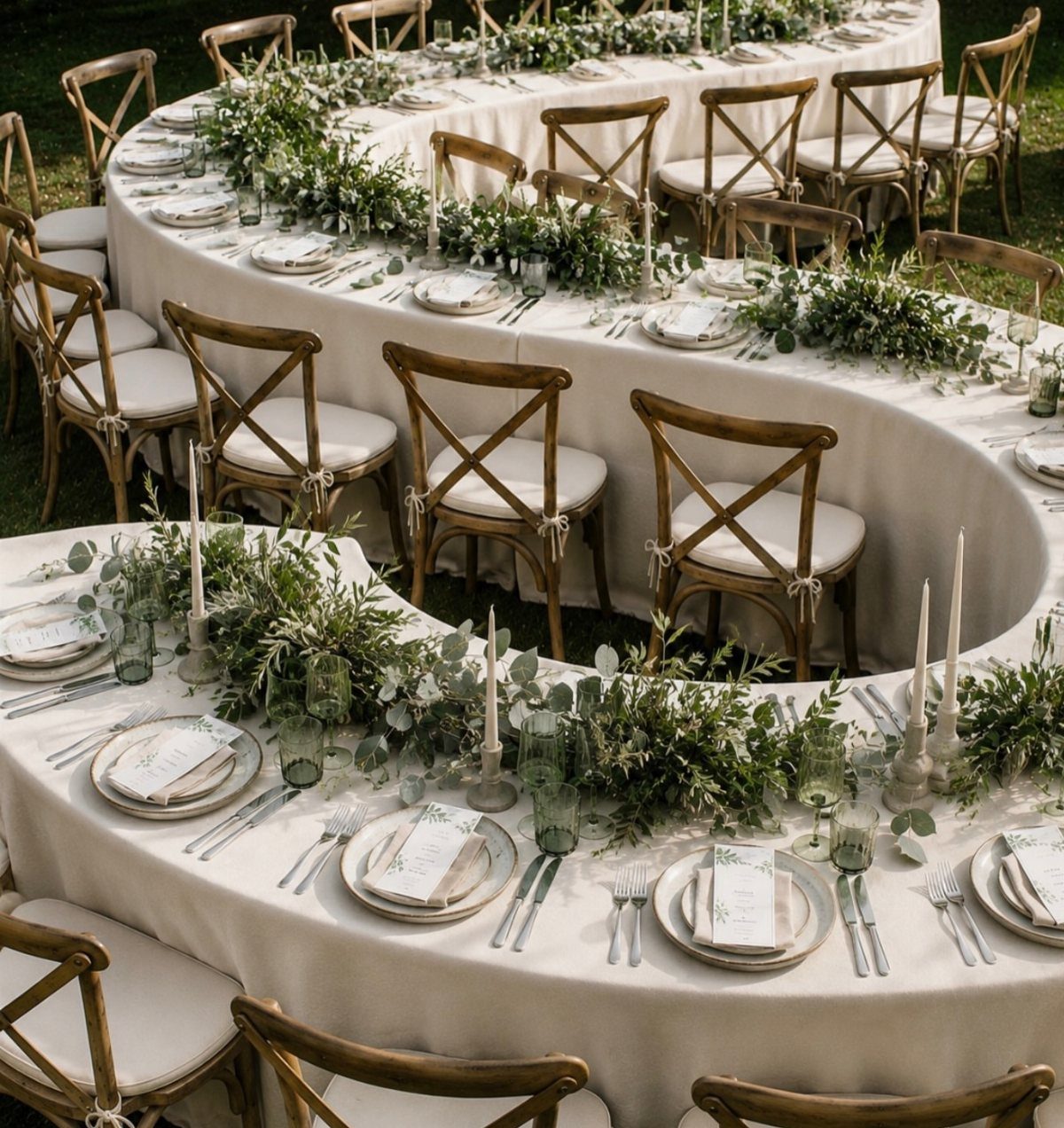 A long U-shaped wedding banquet table decorated with green foliage, white plates, and candles with wooden chairs.