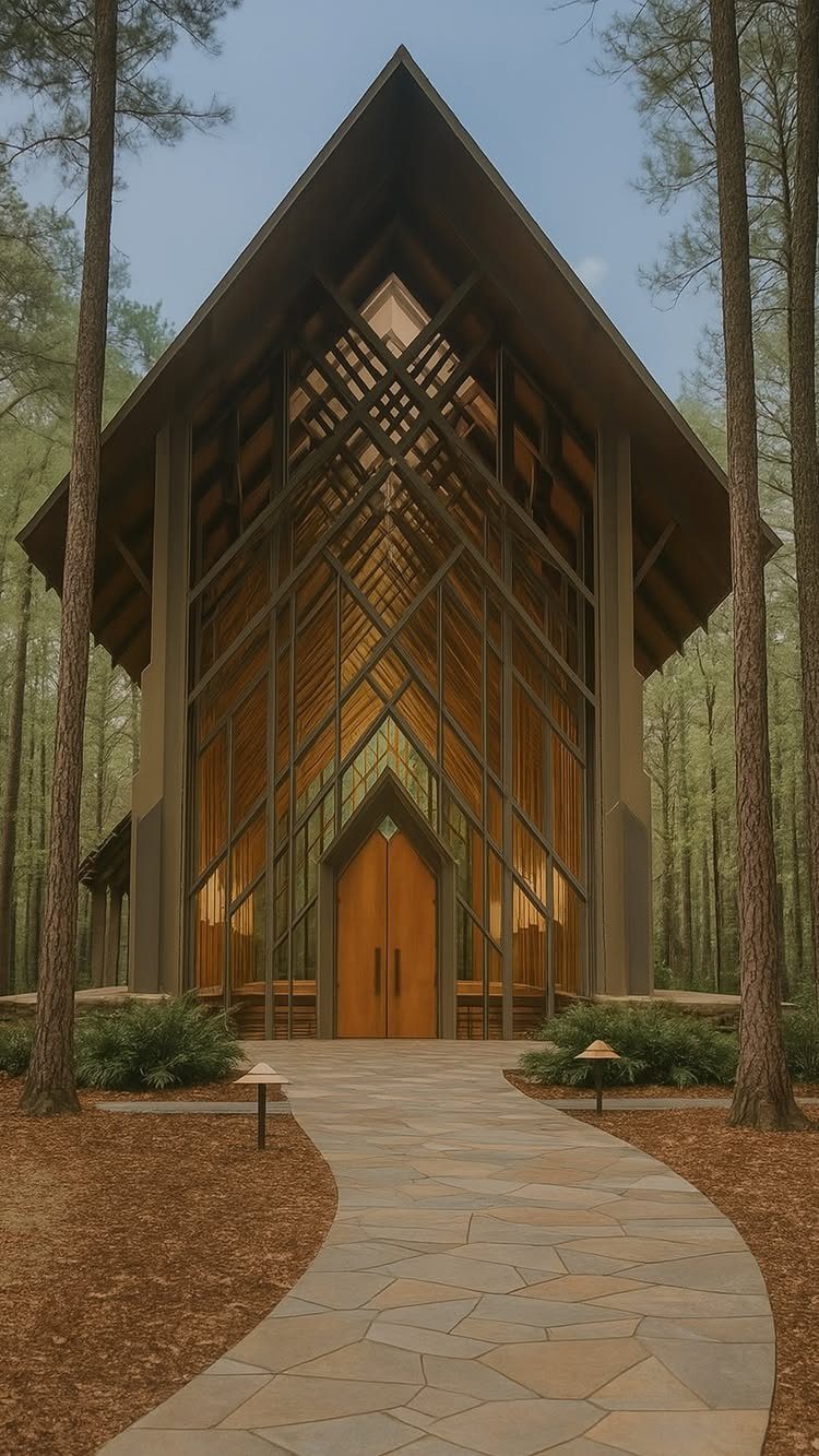 A modern wooden A-frame chapel nestled within a tall pine forest with a stone path.