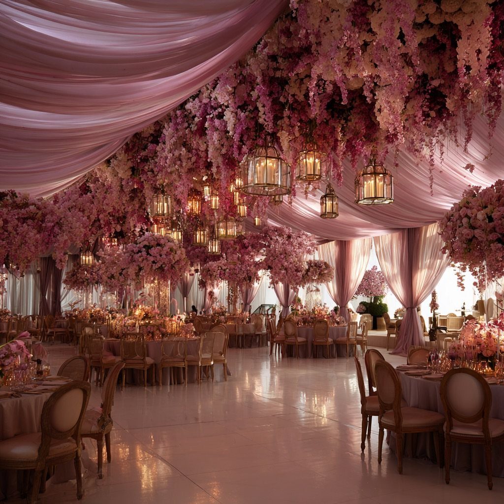 Pink floral arrangements and gold lanterns hanging from a draped pink fabric ceiling in a wedding hall.