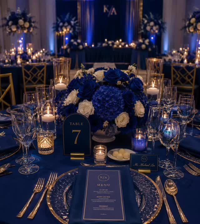 Blue and white floral centerpiece on a navy blue wedding table with gold accents and candles.