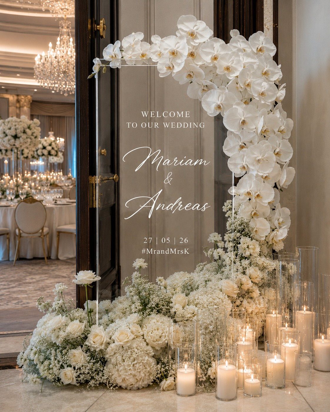 Acrylic wedding welcome sign with white orchids and names, surrounded by flowers and candles.