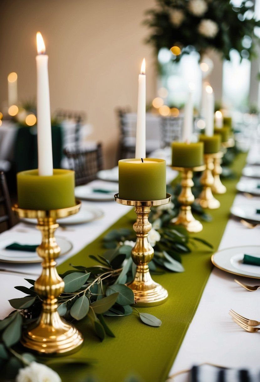 Gold candle holders with olive green and white candles arranged on an olive green table runner.