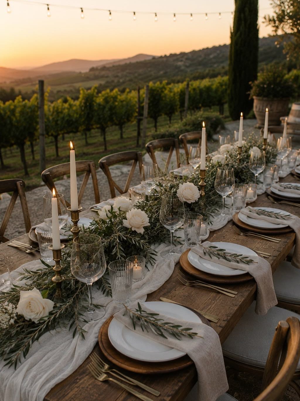 A long wooden table decorated with olive branches, white roses, and tall white taper candles at sunset.