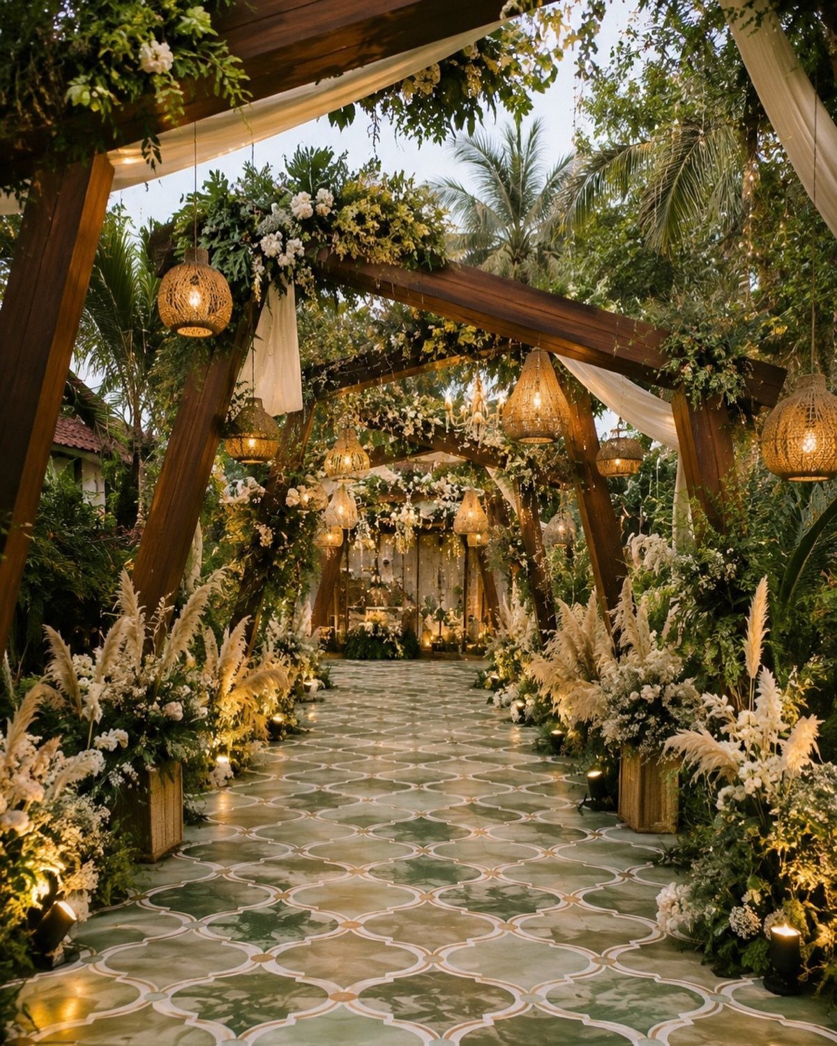 10 Outdoor Wedding Aisle Decor Ideas with Photos 4 A tiled wedding aisle lined with pampas grass and hanging wicker lanterns under wooden beams.