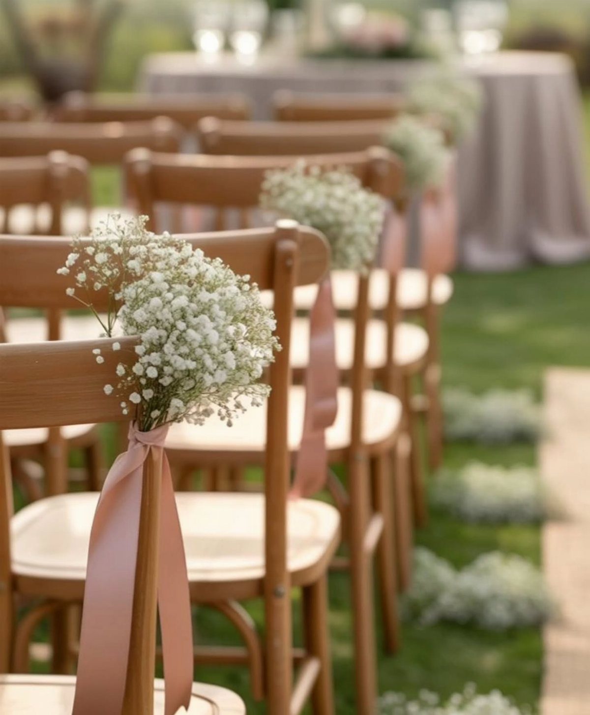 Wooden chairs decorated with white baby's breath flowers and pink ribbons arranged on a lawn.