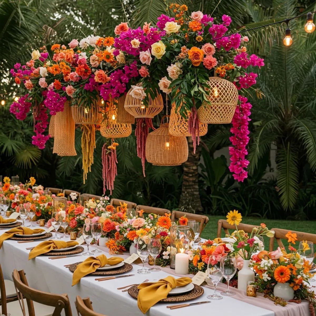 Floral arrangements and hanging wicker baskets decorate a long outdoor wedding dining table.