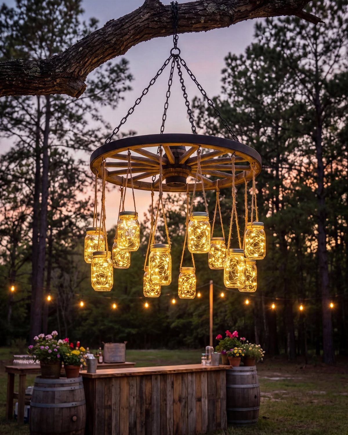 Mason jars filled with fairy lights hanging from a suspended wooden wagon wheel at dusk.