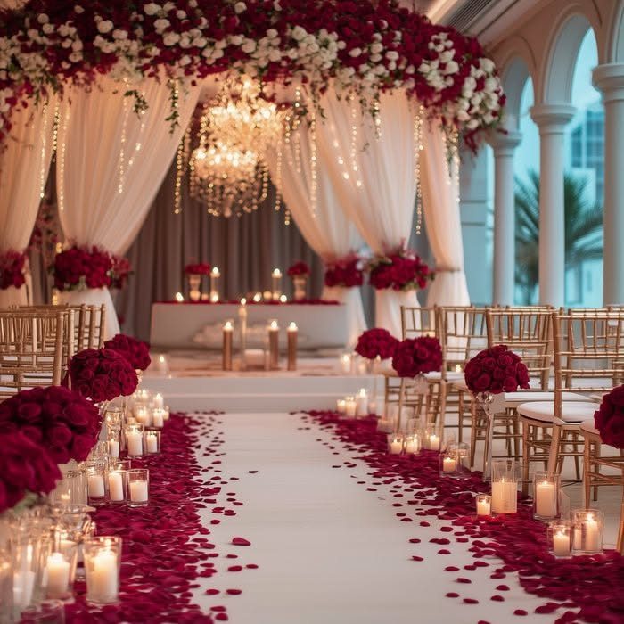 12 Ideas for a Red and White Wedding Theme 5 Wedding aisle with red rose petals, white runner, and a floral canopy with a chandelier.