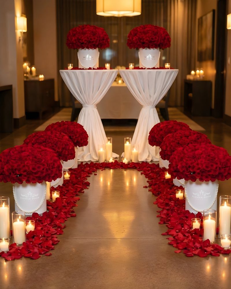 12 Ideas for a Red and White Wedding Theme 12 Red rose petals scattered on the floor forming a path between white floral arrangements and candles.