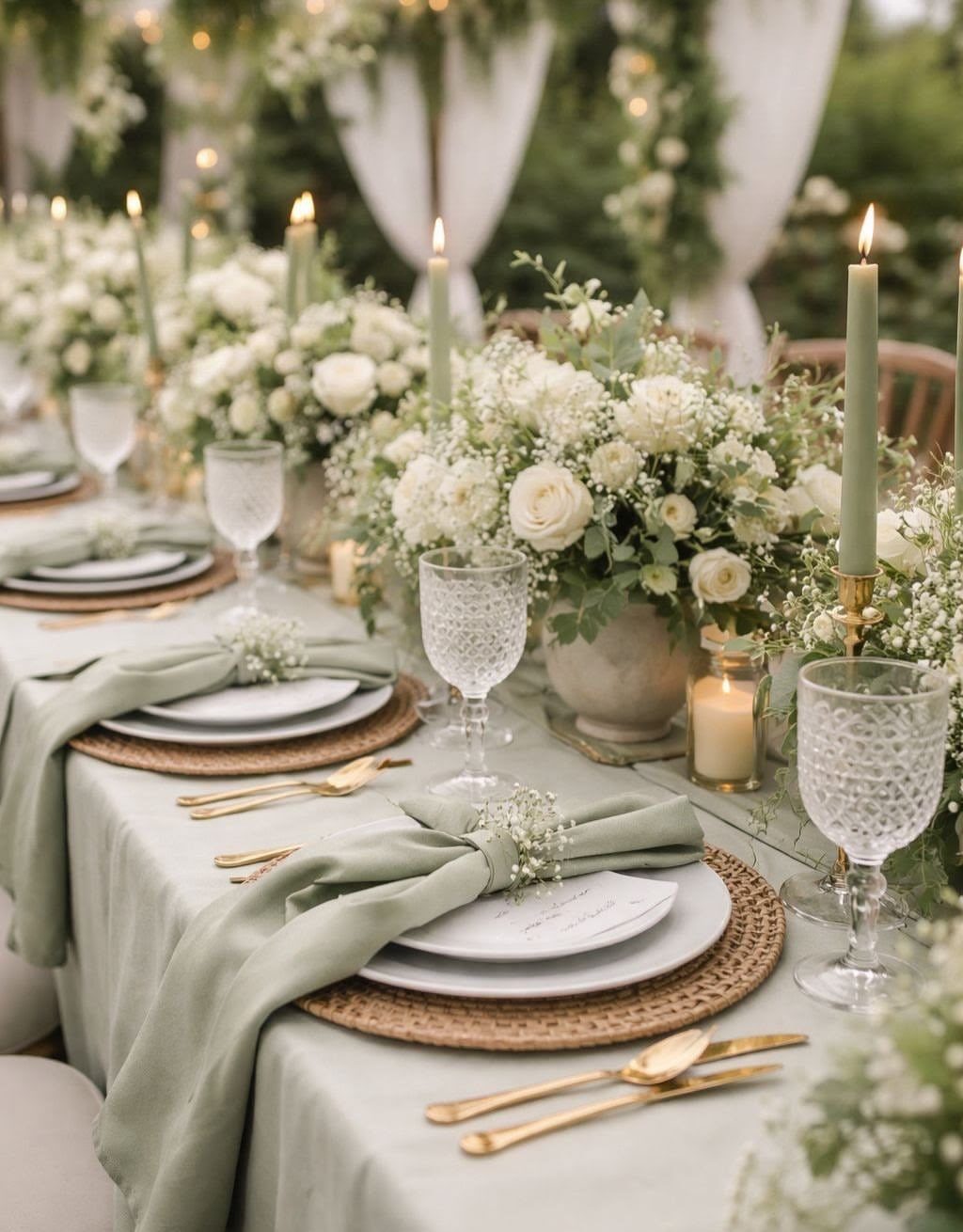 Wedding table setting with sage green linens, white floral arrangements, and gold cutlery on woven placemats.
