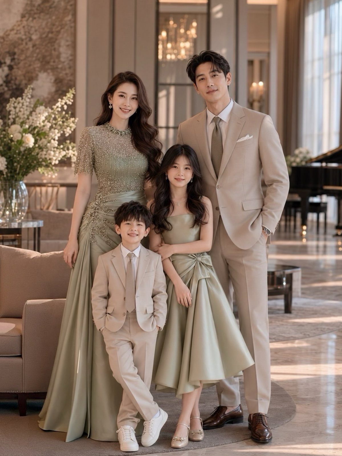 A family posing in formal sage green and tan wedding guest attire.