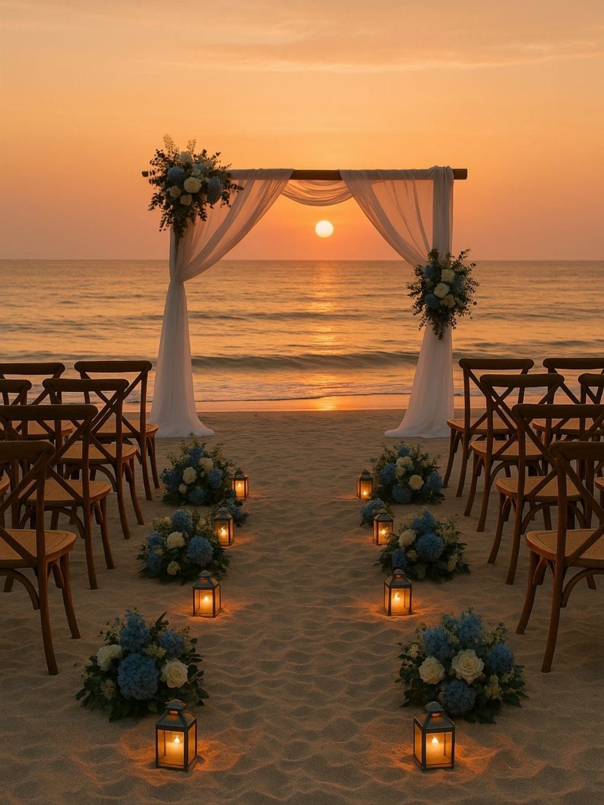 Wedding ceremony setup on a beach with a floral arch, wooden chairs, and lanterns at sunset.