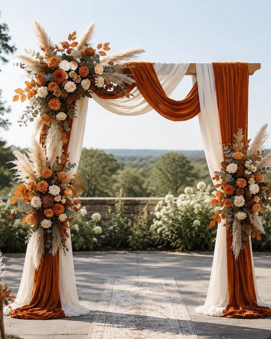 A wooden wedding arch draped in orange and white fabric with large floral arrangements.