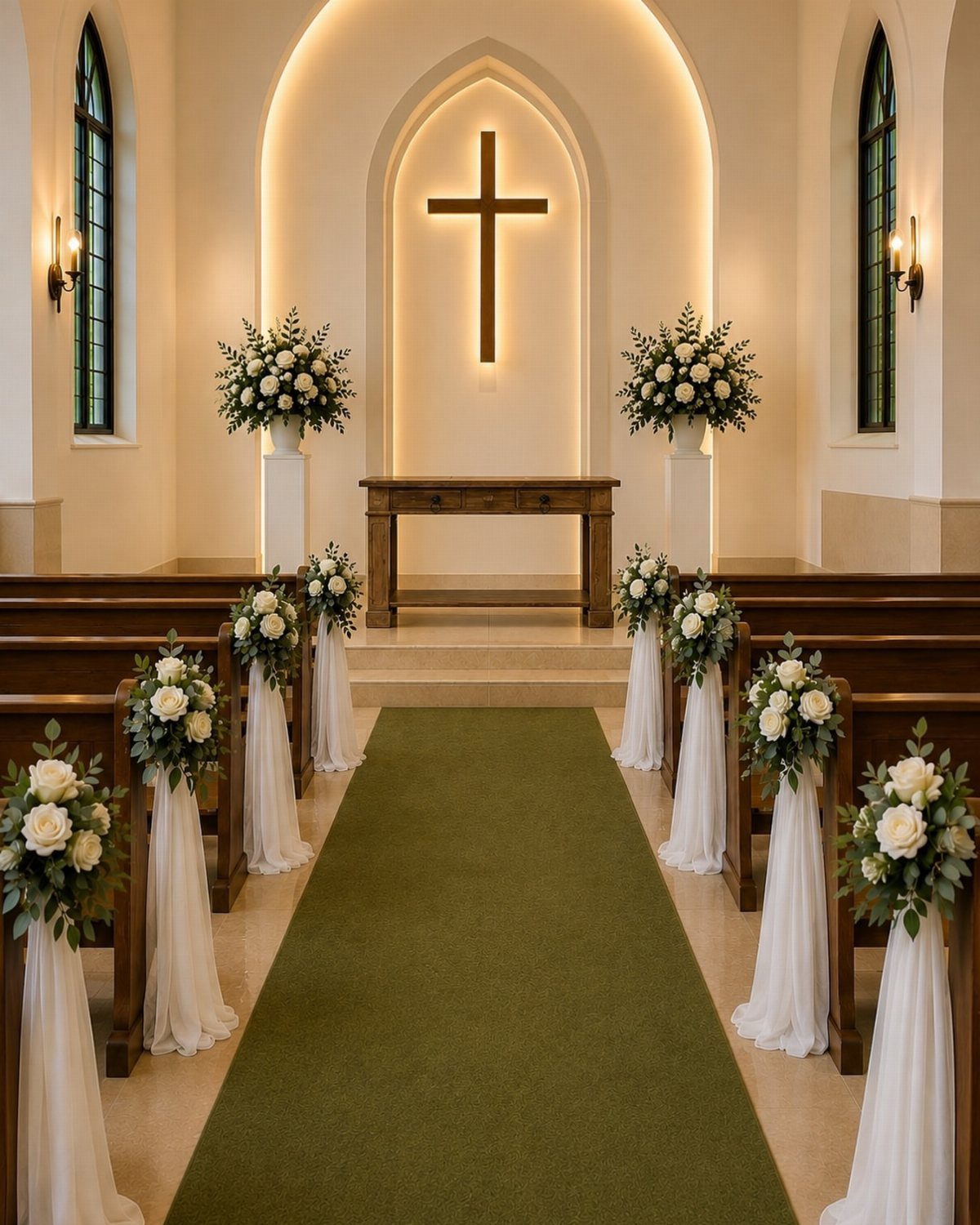 White floral arrangements on decorative columns flanking a wooden altar with a cross.
