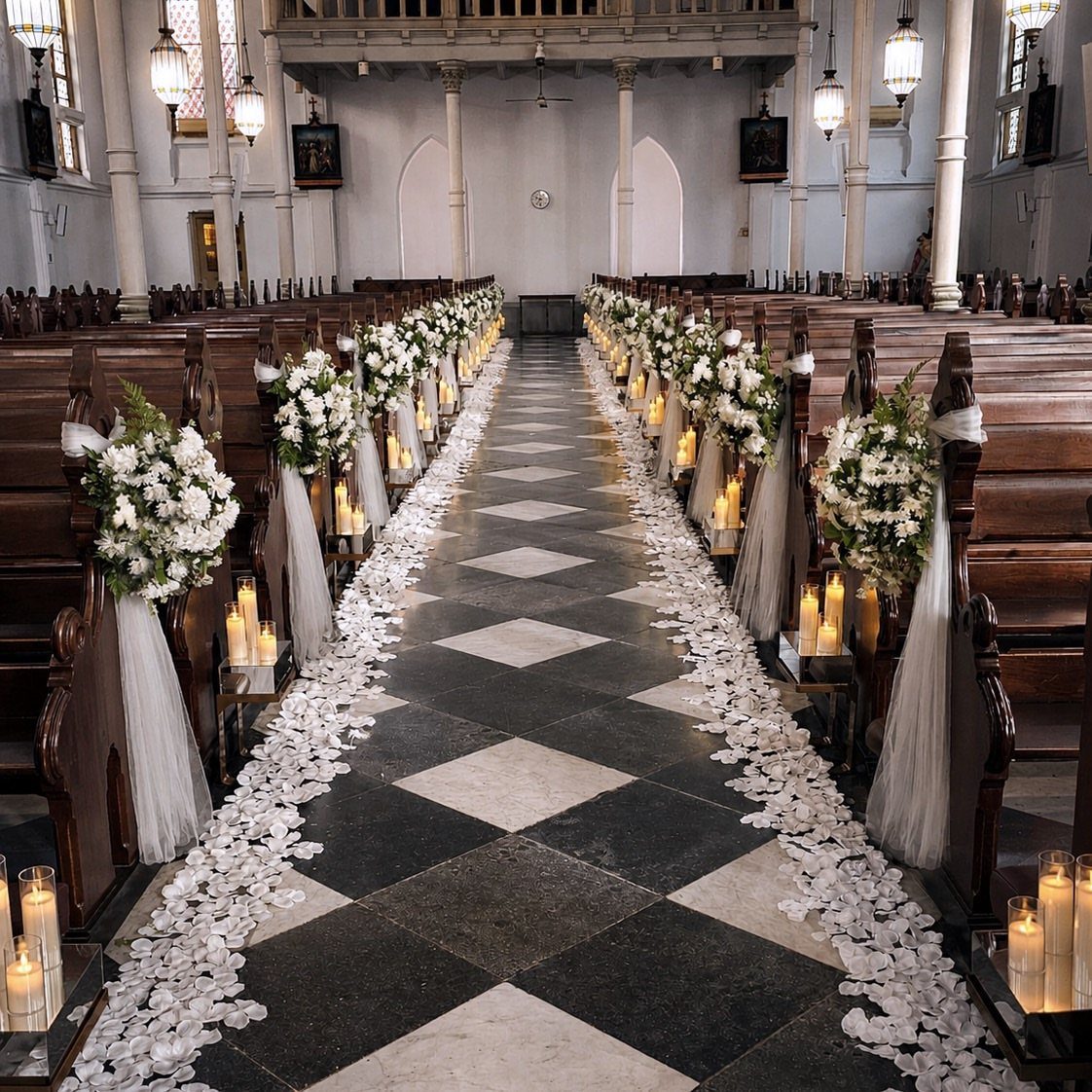 Church aisle decorated with white flowers, tulle, candles, and scattered white petals on a checkered floor.