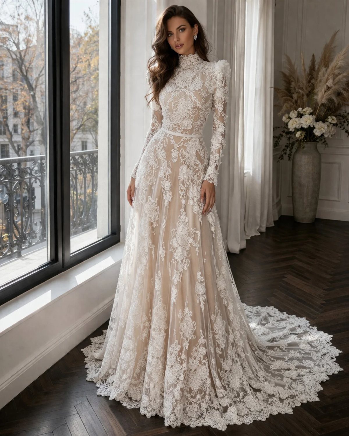 Wedding Dress Long Sleeve: 7 Styles From A-Line to Turtleneck 7 Woman wearing a long-sleeve lace wedding dress with a high turtleneck and long train.