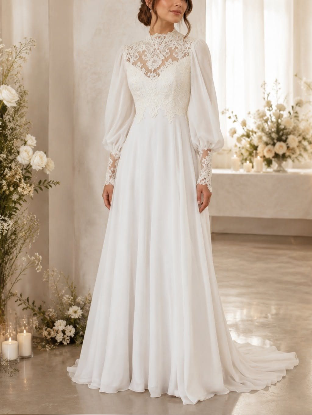 Wedding Dress Long Sleeve: 7 Styles From A-Line to Turtleneck 4 Woman in a vintage-style long-sleeved white wedding dress with lace detailing and puffed sleeves.