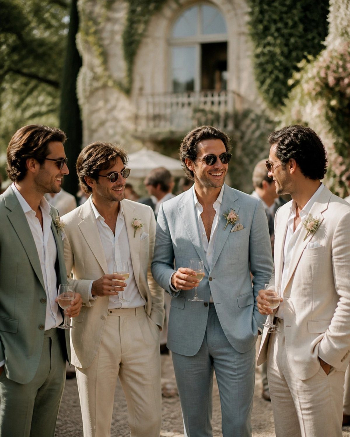 Four men in light-colored linen suits standing and talking in a sunny outdoor garden setting.