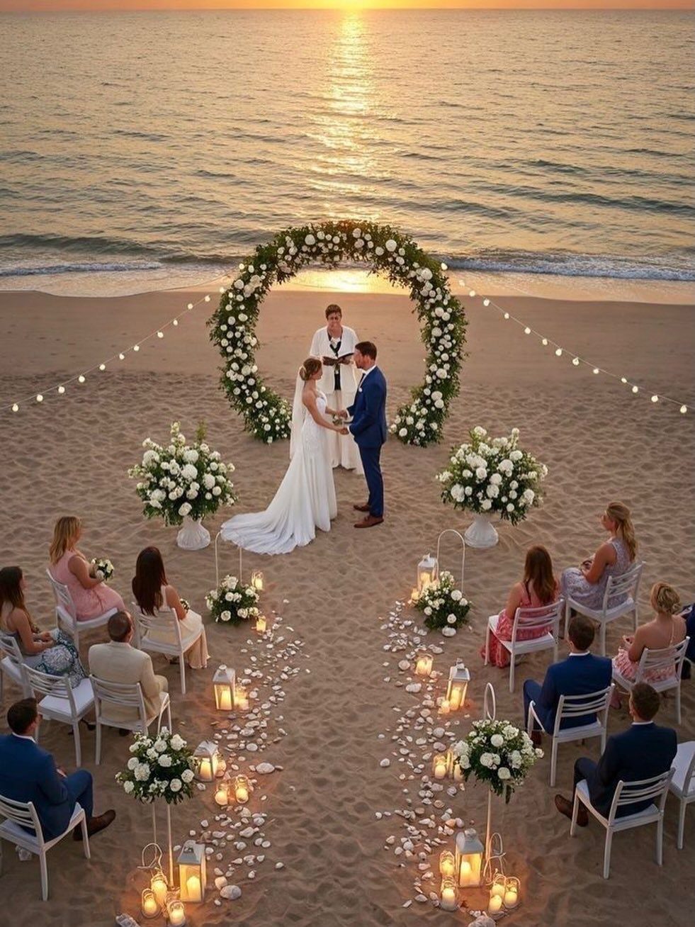 A wedding ceremony taking place on a sandy beach with a floral arch during sunset.