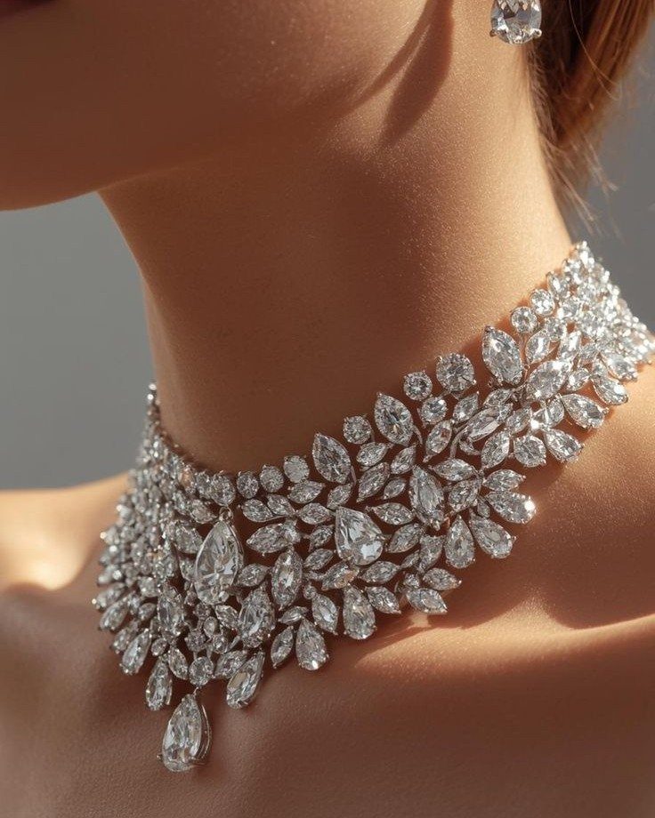 A sparkling diamond choker necklace with marquise and pear-shaped stones worn around a person's neck.